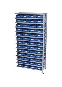 STEMO Inhaakstelling met stellingbakken, stellinghoogte 2100 mm, aanbouwstelling, diepte 300 mm met 52 blauwe bakken
