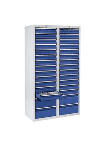 Ladekast, h x b x d = 1800 x 1000 x 500 mm, 26 laden 100 mm, 4 laden 200 mm hoog, kastframe grijs, laden gentiaanblauw