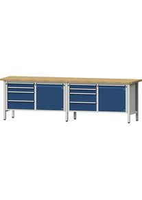 Werkbank Breite 2800 mm, Gestellbauweise, 2 Türen, 8 Schubladen mit Vollauszug, Buchemassivplatte ANKE
