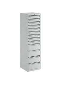 Ladekast, h x b x d = 1800 x 500 x 500 mm, 9 laden 100 mm, 4 laden 200 mm hoog, kastframe en laden grijs
