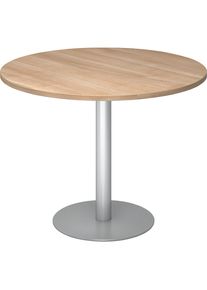 Vergadertafel, Ø 1000 mm, 755 mm hoog, frame zilverkleurig, blad notenhoutdecor