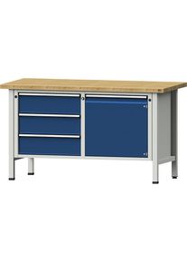 Werkbank, Gestellbauweise Serie V, 3 Schubladen, Tür 540 mm, Buche massiv, Teilauszug ANKE