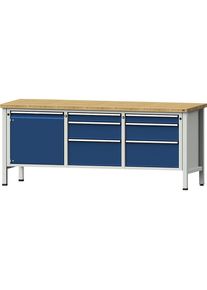 Werkbank, Gestellbauweise Serie V, 1 Tür 540 mm, 6 Schubladen, Buche massiv, Teilauszug ANKE