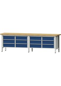 Werkbank Breite 2800 mm, Gestellbauweise, 12 Schubladen, 180 mm mit Teilauszug, Buchemassivplatte ANKE