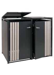 2er-Mülltonnenverkleidung HWC-O67, Mülltonnenbox mit Deckel, Metall 122x132x84cm 53kg ~ anthrazit Holzoptik hell