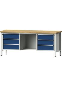 Werkbank, Gestellbauweise Serie V, 6 Schubladen, ½ Ablageboden, Buche massiv, Teilauszug ANKE