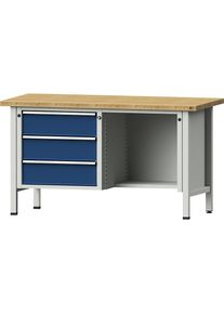 Werkbank, Gestellbauweise Serie V, 3 Schubladen, ½ Ablageboden, Buche massiv, Teilauszug ANKE