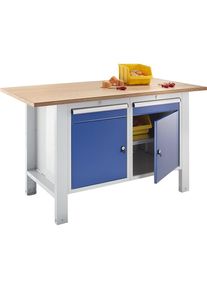 Werkbank, Baukastensystem, Plattenbreite 1500 mm, 2 Schubladen, 2 Türen, Multiplexplatte eurokraft basic