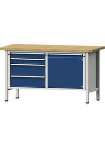 Werkbank, Gestellbauweise Serie V, 4 Schubladen, Tür 540 mm, Buche massiv, Teilauszug ANKE
