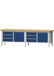 Werkbank Breite 2800 mm, Gestellbauweise, 2 Türen, 6 Schubladen mit Vollauszug, Buchemassivplatte ANKE