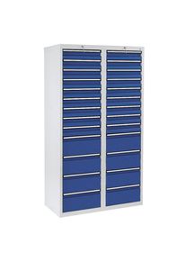 Ladekast, h x b x d = 1800 x 1000 x 500 mm, 18 laden 100 mm, 8 laden 200 mm hoog, kastframe grijs, laden gentiaanblauw