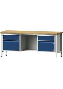 Werkbank, Gestellbauweise Serie V, 2 Schubladen, 2 Türen, ½ Ablageboden, Buche massiv, Teilauszug ANKE