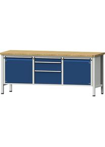 Werkbank, Gestellbauweise Serie V, 2 Türen 540 mm, 3 Schubladen, Buche massiv, Teilauszug ANKE