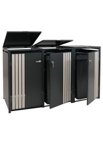 3er-Mülltonnenverkleidung HWC-O67, Mülltonnenbox mit Deckel, Metall 122x200x84cm 83kg ~ anthrazit Holzoptik hell