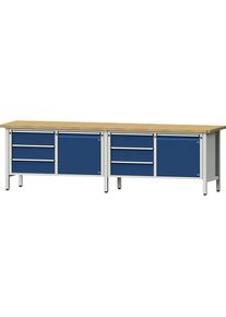 Werkbank Breite 2800 mm, Gestellbauweise, 2 Türen, 6 Schubladen mit Teilauszug, Buchemassivplatte ANKE