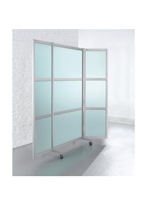 Biombo móvil, ignífugo, marco de aluminio con vidrio de seguridad ESG, H x A x P 1900 x 2000 x 450 mm, satinado