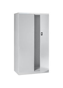 Armario para herramientas vacío, interior de las puertas y pared posterior con perforaciones, puertas azules