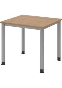 Bureautafel, h x d = 685 - 810 x 800 mm, 4 ronde buispoten, breedte 800 mm, aluminiumzilver / notenhout