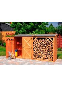 Promadino Kaminholzregal »Pforzheim« mit Geräteschrank in braun, Größe B/H/T: 295 cm x 163 cm x 78 cm