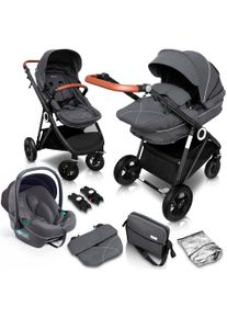 BABYGO Kombi-Kinderwagen »Halime 3in1, grau/schwarz« 22 kg inkl. Babywanne, Babyschale, Regenhaube & Wickeltasche in grau