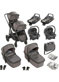 BABYGO Zwillings-Kombikinderwagen »Duo Ultra Set, grau« inkl. 2 Babyschalen, 2 Isofix Base, Wickeltasche u. 2 Regenhauben in grau
