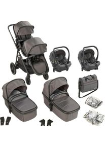 BABYGO Zwillings-Kombikinderwagen »Duo Mega Set, grau« inkl. 2 Babyschalen mit Adapter, Wickeltasche u. 2 Regenhauben in grau