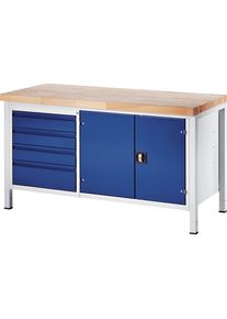 Werkbank, Gestellbauweise, 4 Schubladen Größe L, 1 Werkzeugschrank, Tiefe 700 mm, Breite 1500 mm Rau