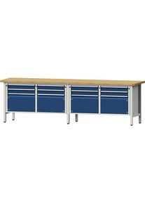 Werkbank Breite 2800 mm, Gestellbauweise, 4 Türen, 8 Schubladen, Buchemassivplatte ANKE