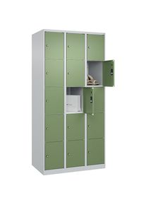 C+P Vijfvoudige locker Classic PLUS, 3 compartimenten, lichtgrijs / resedagroen, b = 900 mm, 15 vakken, met voetdoppen
