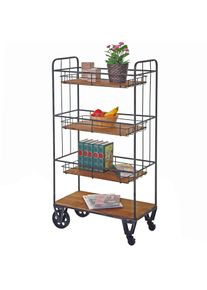 Rollwagen HWC-D78, Regal Rollregal Bücherregal Metallregal mit Hängekörben, 4 Ebenen Tanne Holz Vintage 120x67x32cm