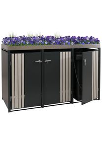 3er-Mülltonnenverkleidung HWC-O67, Mülltonnenbox mit Pflanzkasten, Metall 125x196x84cm 75kg ~ anthrazit Holzoptik hell