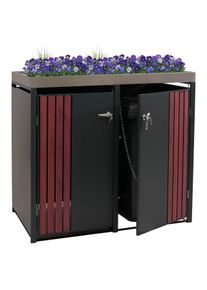 2er-Mülltonnenverkleidung HWC-O67, Mülltonnenbox mit Pflanzkasten, Metall 125x132x84cm 55kg ~ anthrazit Holzoptik dunkel