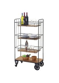 Servierwagen HWC-D78, Regal Küchenhelfer Barwagen Metallregal mit Hängekörben, 4 Ebenen Tanne Holz Vintage 120x67x32cm