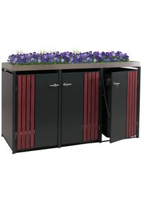 3er-Mülltonnenverkleidung HWC-O67, Mülltonnenbox mit Pflanzkasten, Metall 125x196x84cm 75kg ~ anthrazit Holzoptik dunkel