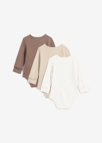 Body estensibile a manica lunga in puro cotone (pacco da 3), Marrone, Taglia 68/74, bonprix
