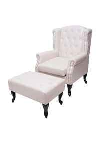 Sessel Relaxsessel Clubsessel Ohrensessel Chesterfield, Kunstleder ~ creme-weiß mit Ottomane
