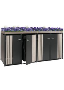 4er-Mülltonnenverkleidung HWC-O67, Mülltonnenbox mit Pflanzkasten, Metall 125x260x84cm 95kg ~ anthrazit Holzoptik hell