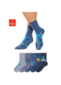 H.I.S. H.I.S , Basicsocken, (Packung, 5 Paar), mit farbigen Meerestieren , 1x dunkel jeans-meliert, 1x jeansblau-meliert, 1x jeans-meliert, 1x...
