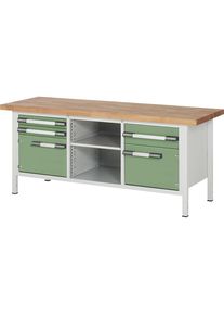 eurokraft pro In hoogte verstelbare werkbank, stellingbouw, 3 lades, 2 deuren, 2 legplanken, breedte 2000 mm, lichtgrijs / groen