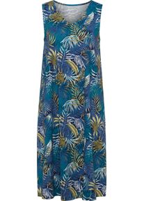 Damen Sommerkleid mit einem langen Seitenschlitz jeansblau-aquapetrol-bedruckt Größe 56/58