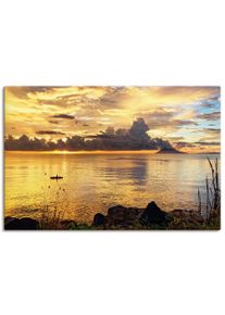 Artland Artprint op linnen Zonsondergang met een boot foto schilderijen oranje