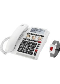 geemarc CL610 Schnurgebundenes Seniorentelefon Foto-Tasten Freisprechen für Hörgeräte kompatibel inkl. Notrufsender weiß
