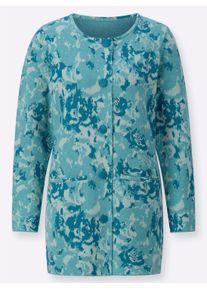 Dames Lang vest met beklede knopen in mint/aquapetrol gedessineerd ,maat 38, Witt, 70% Polyacryl, 30% Scheerwol