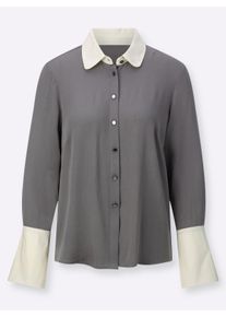 Damen Klassische Bluse im Materialmix in anthrazit-ecru-gemustert ,Größe 36, WITT, 100% Viskose. Bündchen: 100% Baumwolle