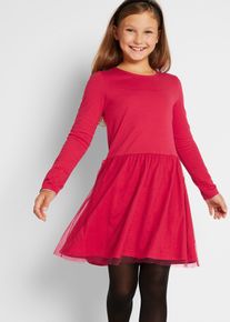 bonprix Vestido de punto con tul para niñas, rojo, 128/134
