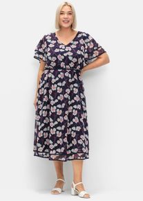 sheego Dames Bloemenjurk van chiffon in marine gedessineerd ,maat 54, Witt, 100% Polyester