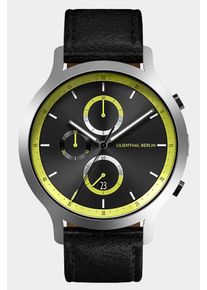 Men's Chronograph Watch - Silver Black - Surgical Steel Case, Sapphire Glass, Black Leather Strap - Date Display - 42mm , Quartz Movement by Ronda -