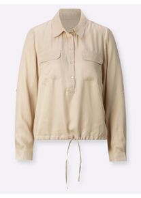 Damen Langarm-Bluse in Viskose-Satin-Qualität in sand ,Größe 36, WITT, 100% Viskose