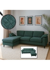Sofa-Garnitur HWC-O71, Couch Ecksofa L-Form, Liegefläche links/rechts, Stoff (320 g/m²) Holz 84x229x140cm ~ grau-grün