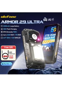 Ulefone Armor 29 Ultra 5G AI Rugged Phone Dual Screen Dimensity 9300+21200mAh 120Hz 1TB ROM 64MP, NFC, Android 15 Smartphone